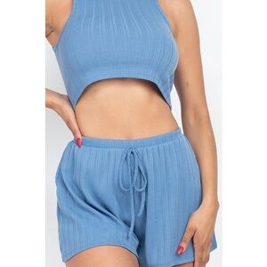 Blue Ribbed Crop Top and Shorts Set